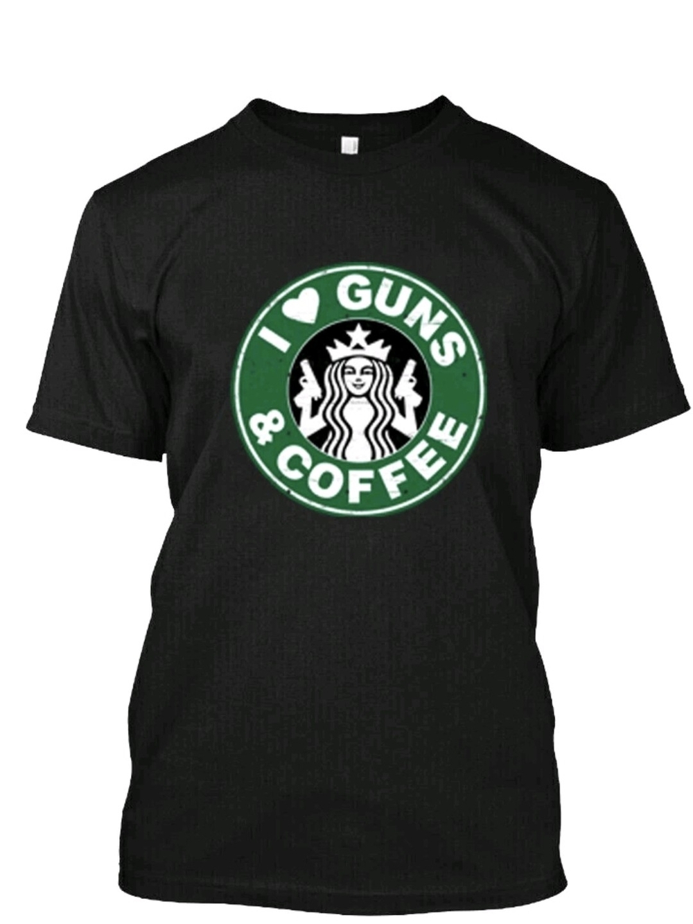 Hanes Black Novelty Graphic Tee - I Love Guns & Coffee w/ Starbuck Siren - Sz M